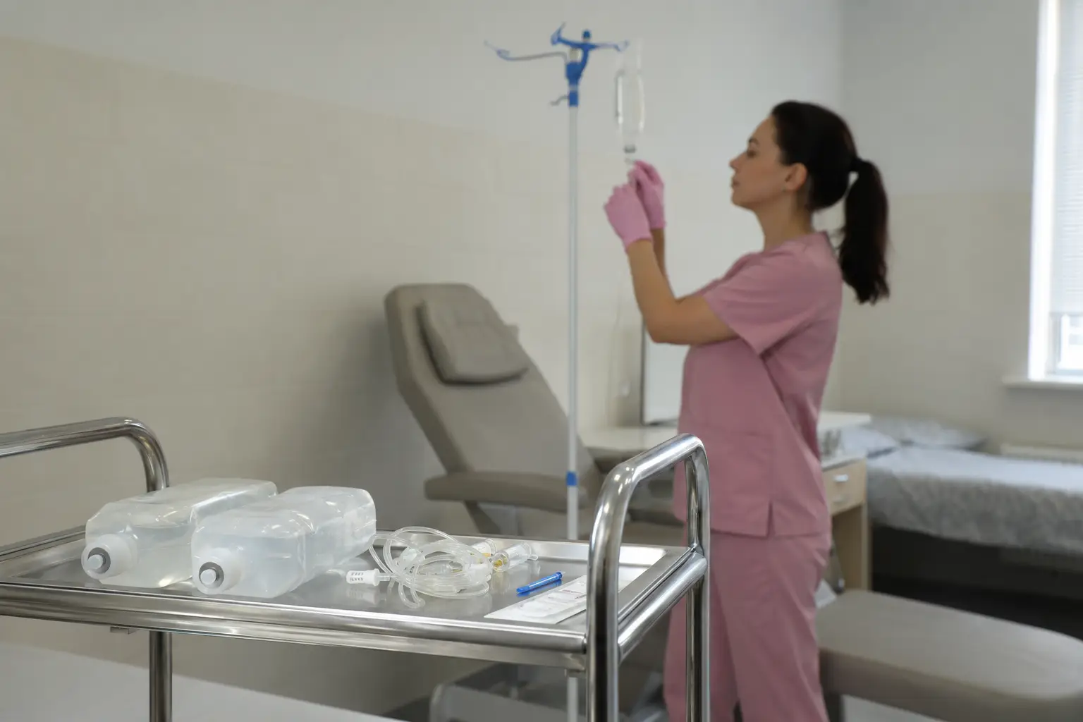 Медсестра готовит капельницу при отравлении алкоголем